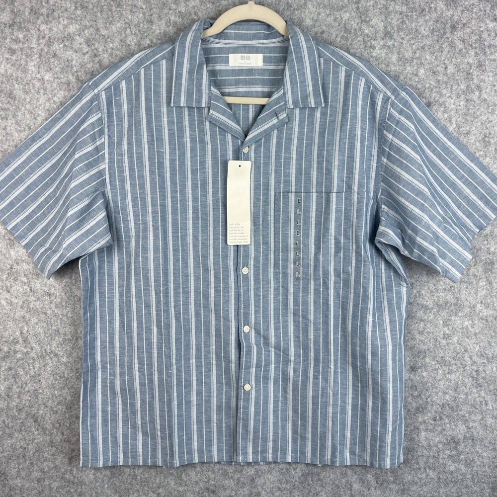 Uniqlo Shirt Mens Large Blue Cotton Linen Open Collar Short Sleeve Striped NWT